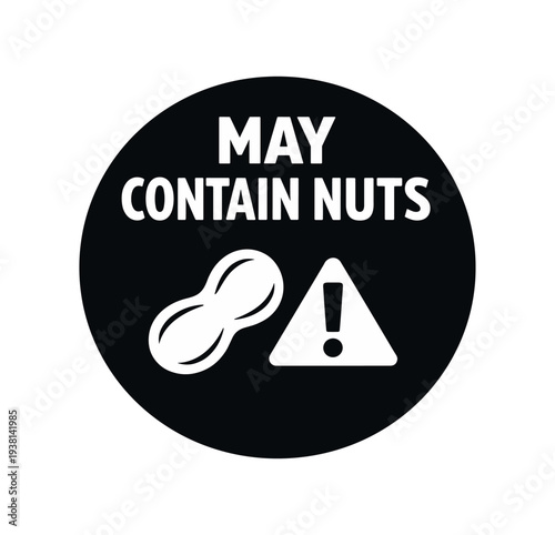 Black circular warning badge that reads "may contain nuts" with a peanut icon and triangular exclamation mark, designed as an allergen notice for food packaging.