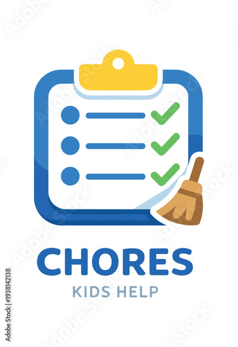Colorful clipboard illustration with a three-item checklist, green checkmarks and a small broom, labeled "chores kids help" for family chore charts or kids' task apps.