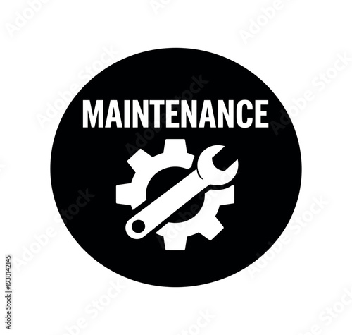 Black circular icon labeled "maintenance" showing a gear behind a wrench, created as a clear service and repair symbol for signage or product instructions.