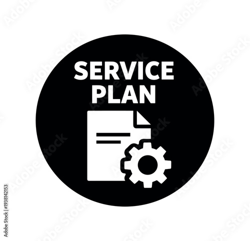 Black-and-white circular badge showing a sheet of paper and a gear icon under the words "service plan", intended as a maintenance, warranty, or subscription plan label.