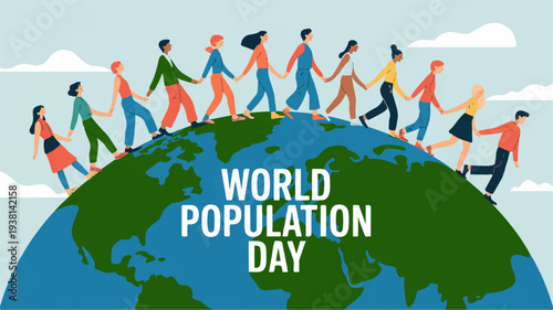 Diverse people holding hands around the globe on world population day symbolizing unity and global connection