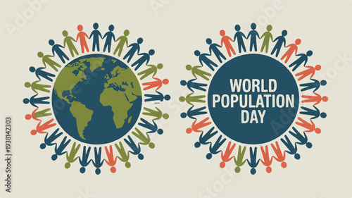 World population day illustration with diverse people around globe and earth