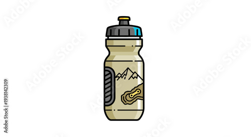 Minimalist vector illustration of a sport water bottle with a stylized mountain and winding trail design, ideal for active outdoor adventures and daily hydration