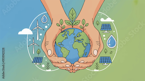Hands cradling earth with green sprouts solar panels and eco friendly icons on a blue green gradient background symbolizing environmental care and sustainability