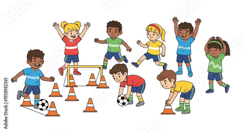 Children playing soccer and participating in a fun agility drill with cones and a small goal, demonstrating teamwork and active lifestyle