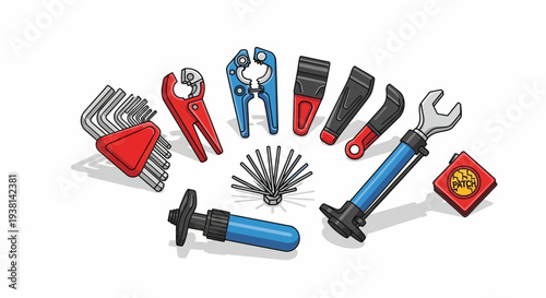 Collection of various bicycle repair tools, including hex wrenches, tire levers, pump, and spanner, arranged in a fan shape on a white background