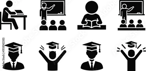 Students reading, being taught in a classroom,  celebrating academic achievements. Education and graduation, mortarboard caps, diplomas, and classroom. Academic journey, success, and learning.
