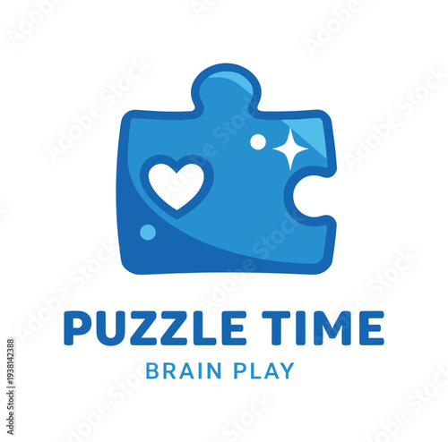 Single glossy blue jigsaw puzzle piece featuring a heart-shaped cutout and sparkles above, 
