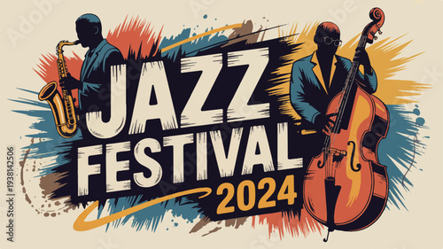 Vibrant jazz festival 2024 poster with saxophonist and cellist in colorful abstract background