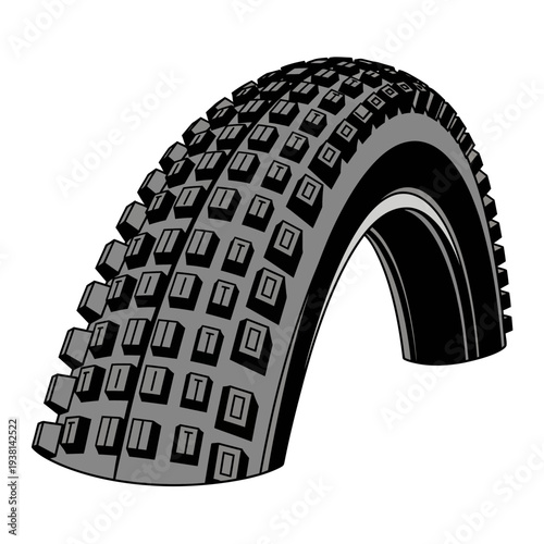 Illustration of a rugged, off-road bicycle tire with a deep tread pattern designed for maximum grip on challenging terrain