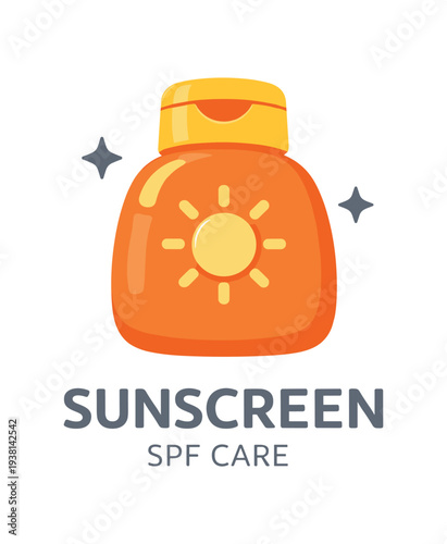 Colorful orange sunscreen bottle bearing a sun icon above text "sunscreen spf care," styled for product labels, kid-friendly branding, or promotional art.