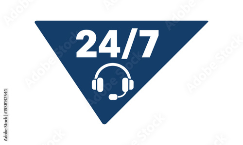 Simple navy triangle icon containing "24/7" and a headset symbol to mark round-the-clock customer support on websites, apps, or signage.