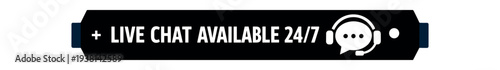 Narrow black horizontal badge showing the text "live chat available 24/7" and a white speech bubble headset icon, usable as a support or contact banner.