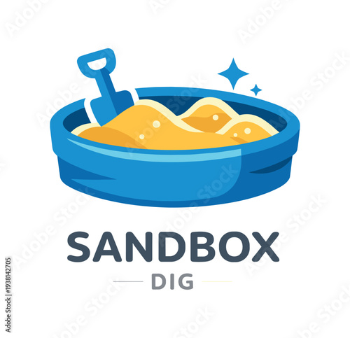 Colorful logo-style illustration of a blue sandbox tub filled with golden sand, a small shovel and sparkles above the sand — bright, playful artwork for kids, toys, apps or summer branding.