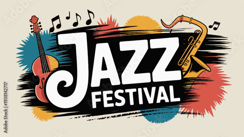 Vibrant jazz festival logo with guitar saxophone and music notes on colorful background