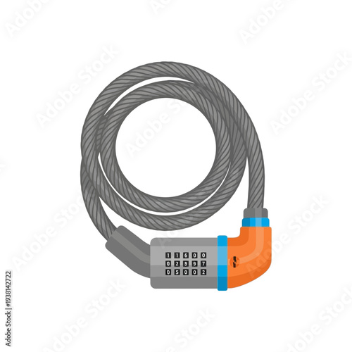 A close-up illustration of a bike lock with a combination lock and cable, secured to a bike, showcasing security and cycling gear.