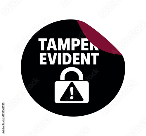 Round black sticker design with a padlock icon containing a warning triangle and bold "tamper evident" text, suggesting sealed, tamper-proof packaging.