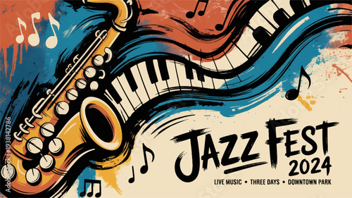 Vibrant jazz fest 2024 poster with saxophone piano keys and musical notes in colorful abstract background