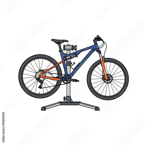 Detailed illustration of a mountain bike securely mounted on a professional repair stand, ready for essential maintenance, tune-ups, or intricate adjustments by a mechanic
