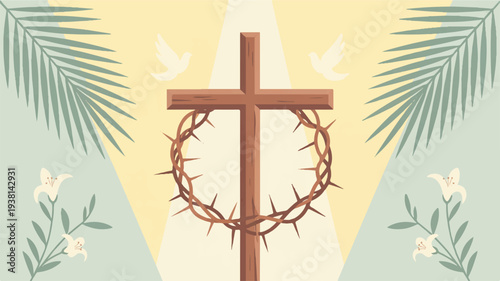 Easter cross with crown of thorns and palm leaves on yellow background with white doves