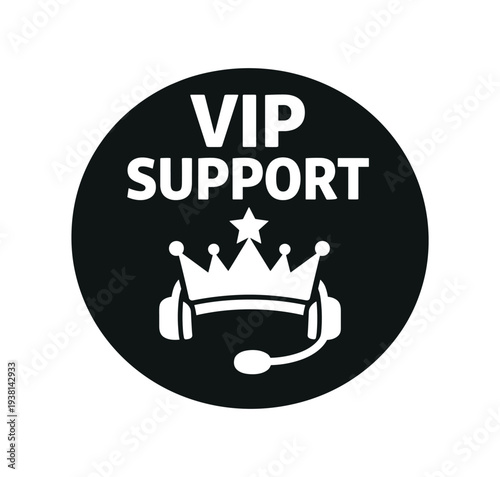 Black round badge that says "vip support" above a crown combined with a headset and star, designed as a clean monochrome icon for premium customer service badges, websites, or app labels.