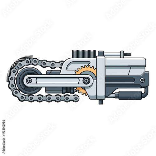 Detailed illustration of a futuristic chain-driven mechanical device, showcasing intricate gears and a robust industrial design