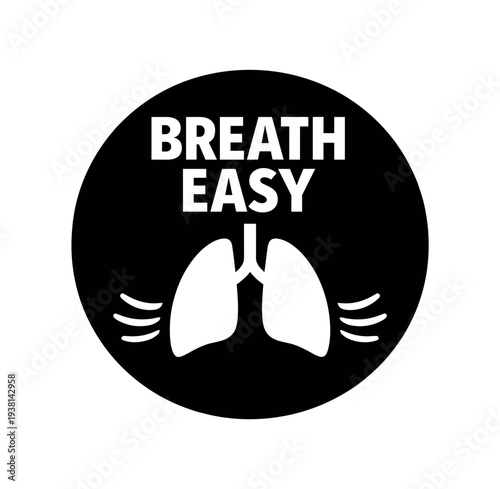 Black circular badge that reads "breath easy" over a pair of stylized lungs with motion lines suggesting airflow, created as a simple monochrome icon for wellness products,