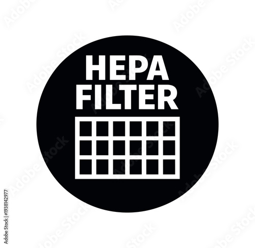 Black circular badge with the words "hepa filter" above a rectangular grid representing a filter — a bold monochrome icon for appliances, air purifiers, or product labels.