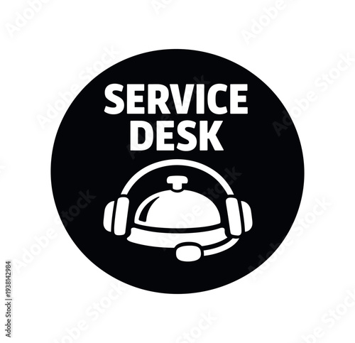 Black circular badge reading "service desk" above a bell wearing a headset and microphone — a clear monochrome icon for help desks, reception areas, or support pages.