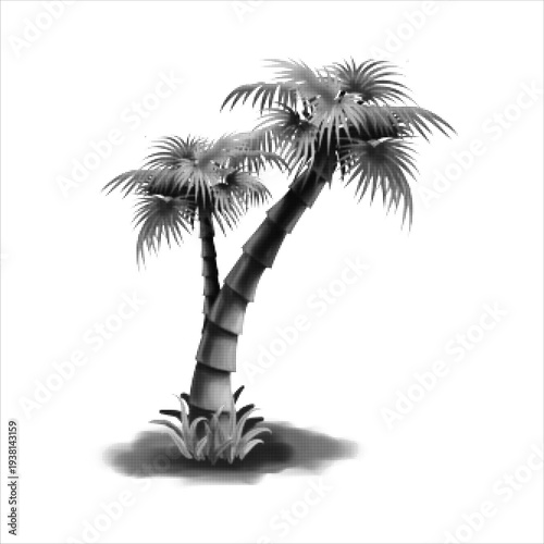 Halftone palm tree silhouette on a small tropical island. Minimal black dotted illustration with vintage print texture, ideal for summer travel, beach, tattoo, poster, or graphic design.