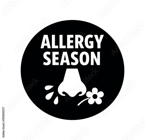 A solid black circular badge that reads "allergy season" above a stylized nose, teardrop sneeze marks and a small flower, intended as a seasonal health notice or alert icon.