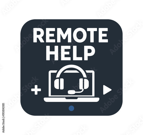 A dark rounded square badge that reads "remote help" above a laptop screen showing a headset, 