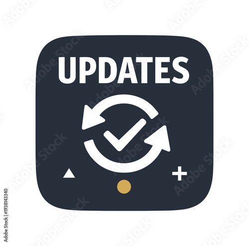 Rounded square app icon in dark gray showing circular arrows around a checkmark, used for updates, sync, and software status indicators.