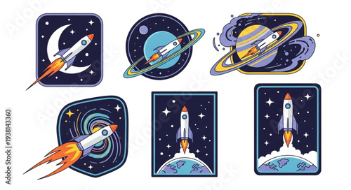 Collection of Space Exploration Patches with Rockets and Planets.
