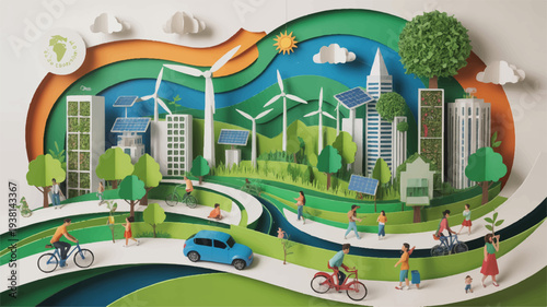 Sustainable cityscape with renewable energy sources green spaces and people engaging in eco friendly activities like cycling and walking