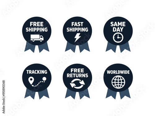 Collection of six round badges with ribbon tails showing icons and text for free shipping, fast shipping, same day, tracking, free returns, and worldwide 