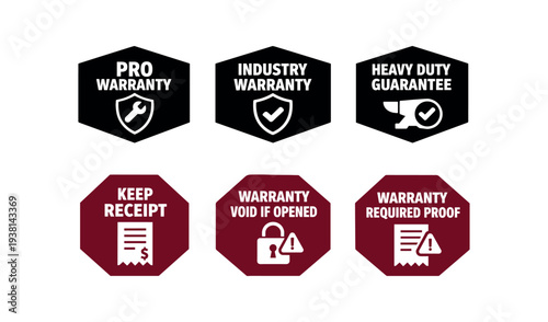 Set of six hexagon and octagon badges showing warranty shields, tools, receipt and lock warning icons in black and maroon, intended for product labels and packaging.