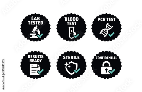 Six round medical and laboratory badge icons for healthcare, diagnostics, and lab services, including microscope, test tube, dna, results document, sterile shield