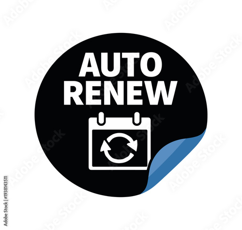 Circular auto renew sticker-style icon with calendar and circular refresh arrows and a peeled blue corner, suited for subscription billing, membership renewal, and recurring payments.