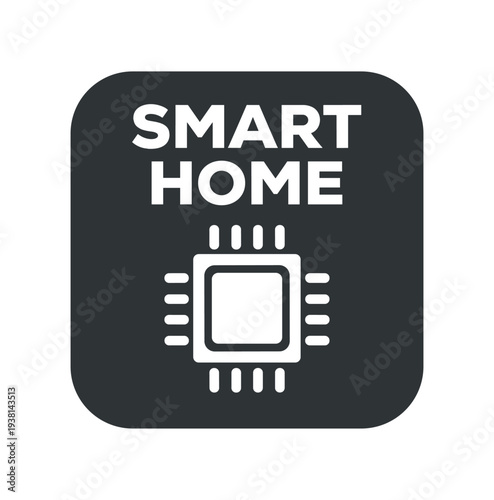 Minimal smart home icon inside a rounded square combining a microchip motif and bold "smart home" text, ideal for home automation, iot devices, and smart appliance labels.