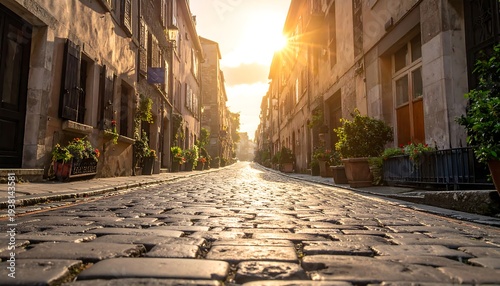 Sunlit cobblestone street lined with buildings creates a warm, inviting atmosphere