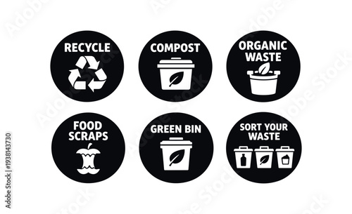 Six black circular icons showing recycling arrows, compost container, organic waste bucket, food scraps core, green bin graphic, and a sort your waste 