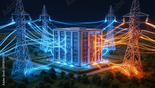 AI data center with energy towers and cables