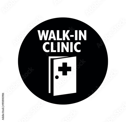 Black circular icon showing an open door with a medical cross and the words "walk-in clinic" used for urgent care wayfinding and clinic signage.