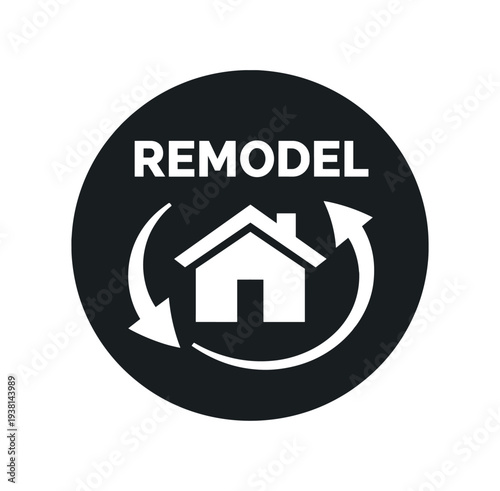 Black circular badge showing a house surrounded by curved arrows and the word remodel, ideal for renovation, remodeling, or home service icons.
