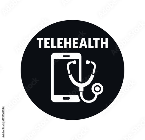 Black circular badge showing a smartphone and stethoscope with the word telehealth, suitable as an app badge or medical service icon.