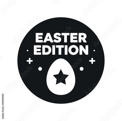 Black circular easter edition badge showing an egg with a star and small decorative dots and plus marks, suitable for seasonal labels, banners, or social media promotions.