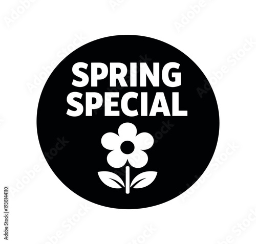Black circular badge with a white flower icon and text "spring special" designed for seasonal sale labels, promotions, and decor.