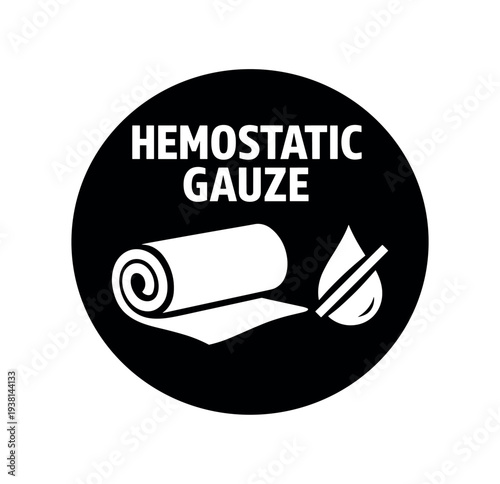 Black circular medical badge showing a rolled gauze and a droplet symbol beside it, labeled "hemostatic gauze" for first aid or wound care packaging.