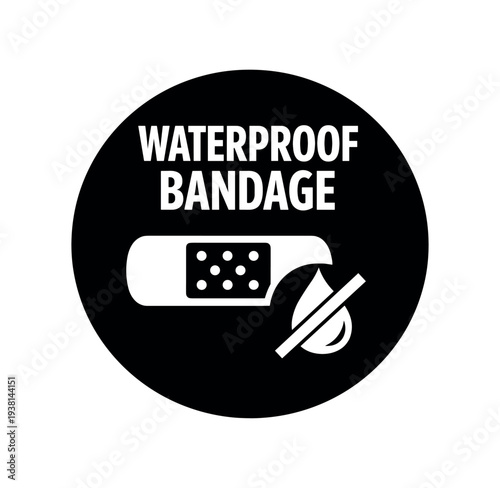 Black circular badge reading "waterproof bandage" above a plaster (bandage) icon and a water drop crossed out — a clear monochrome label for waterproof wound care products.